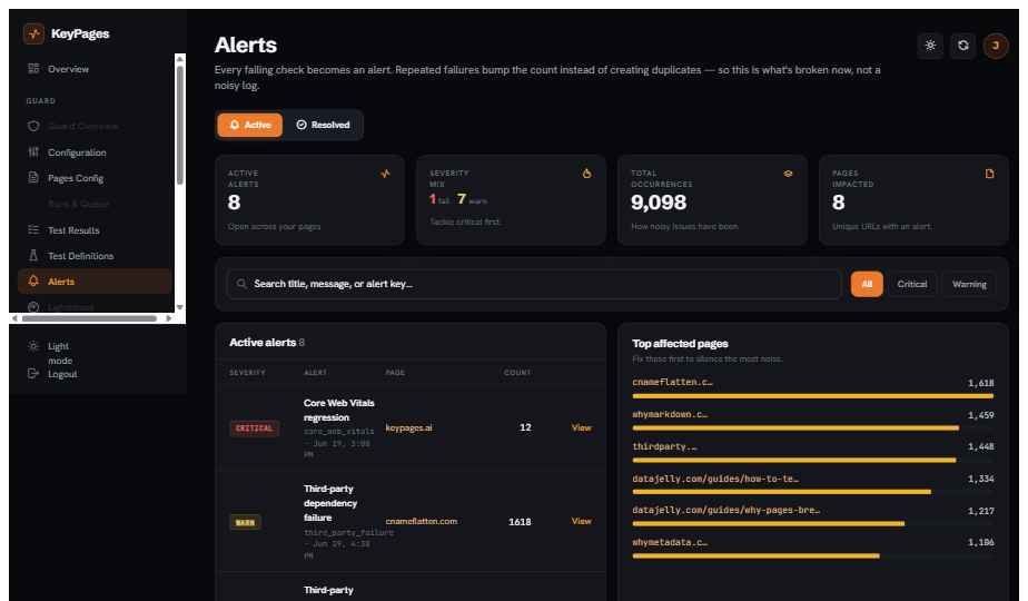 Alerts screen showing active alerts grouped by severity and top affected pages