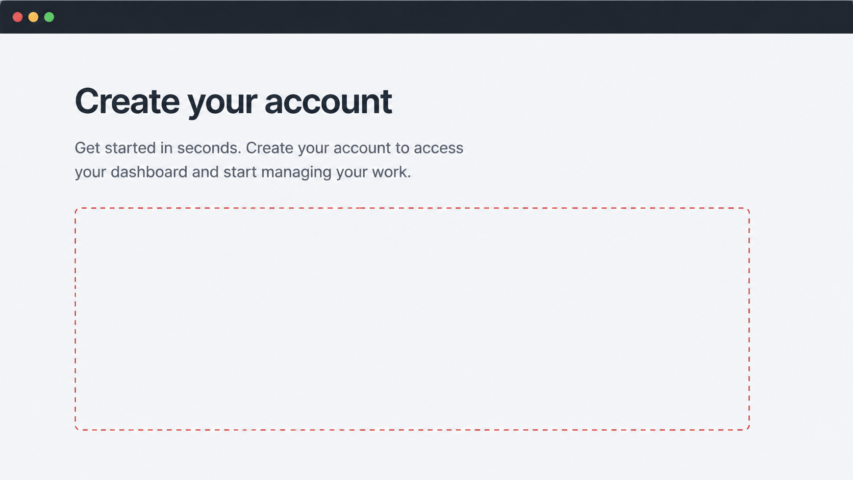 Example rendered screenshot showing a signup page with its form missing